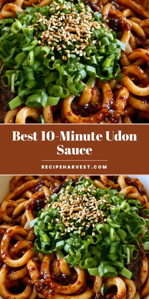 Easy Udon Noodle Sauce: The Ultimate 10-Minute Umami Glaze 4 A close up shot of thick chewy udon noodles dripping in an Easy Udon Noodle Sauce with sesame seeds and scallions.