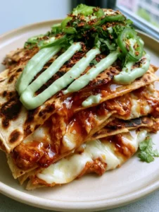 Handheld smartphone photo of golden-brown flour quesadillas with visible charred spots and stretching Monterey Jack cheese. (Hot Honey Chicken Quesadillas)