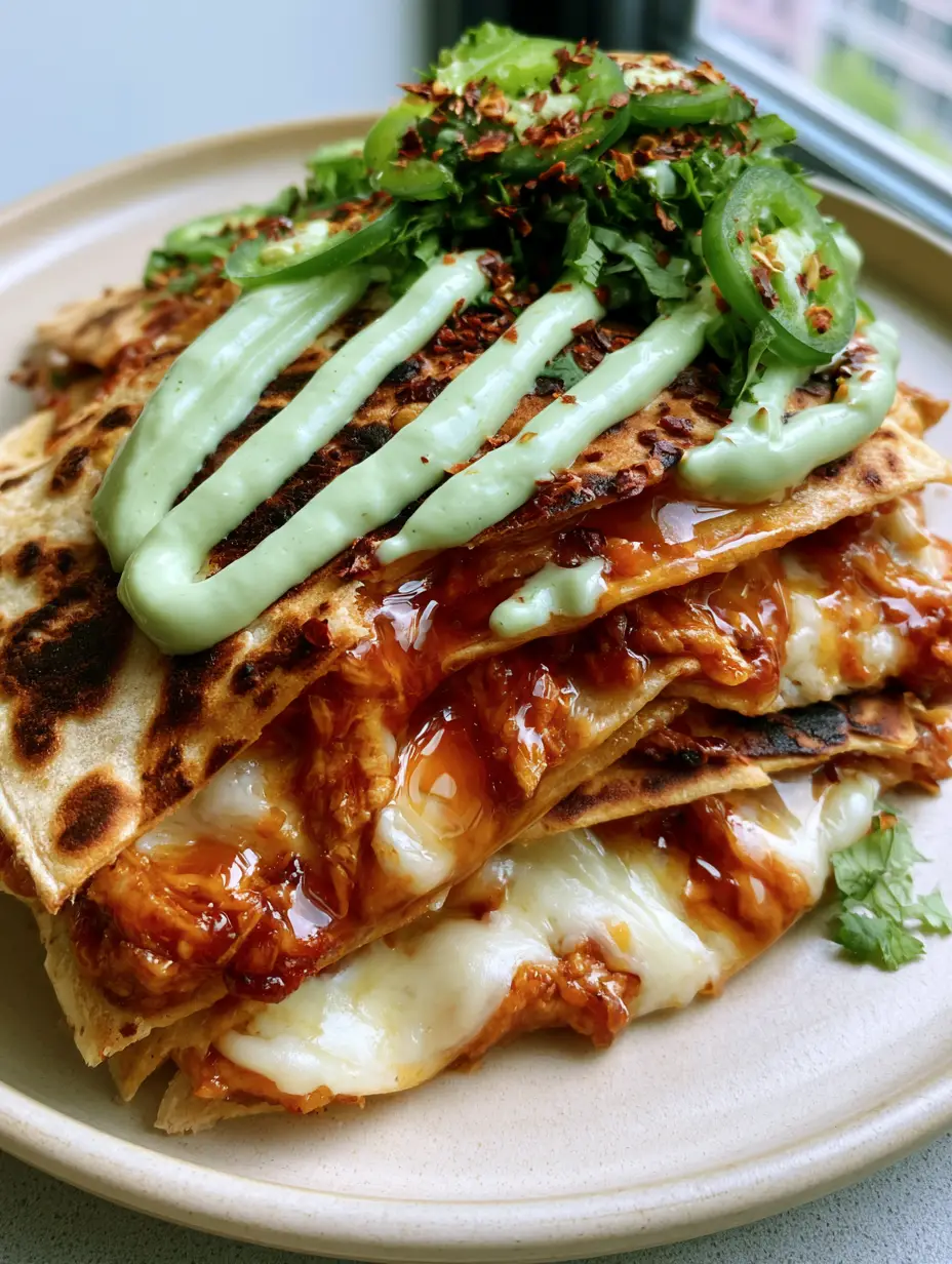 Hot Honey Chicken Quesadillas with Jalapeño Cream Sauce 3 Handheld smartphone photo of golden-brown flour quesadillas with visible charred spots and stretching Monterey Jack cheese. (Hot Honey Chicken Quesadillas)