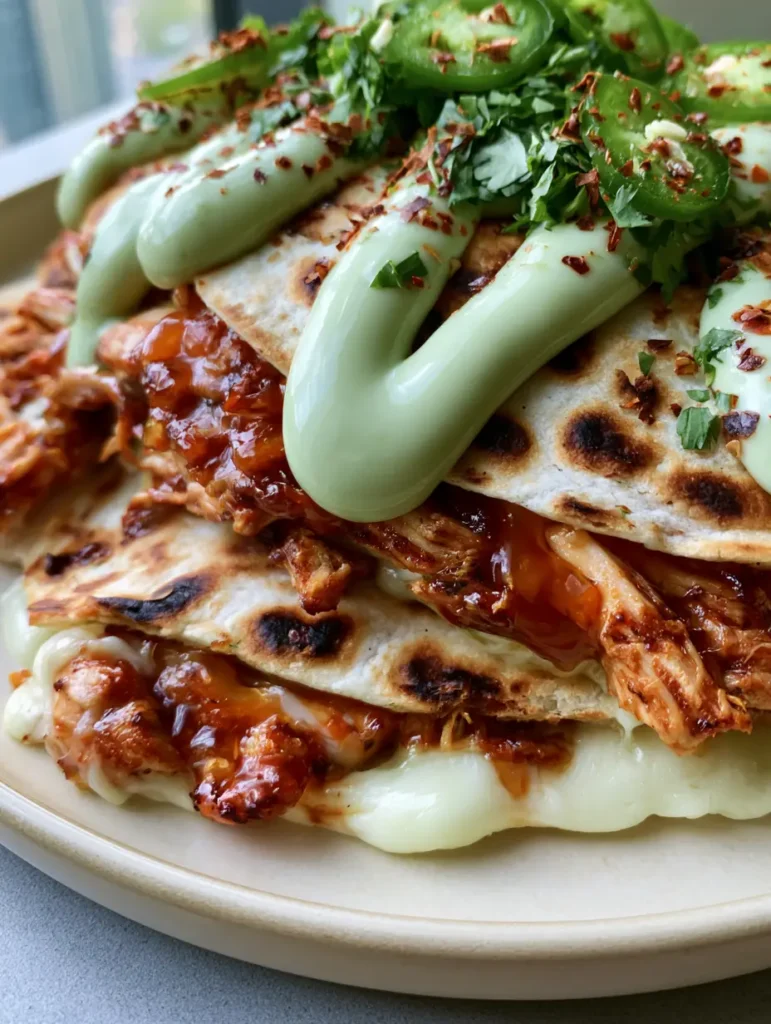 Hot Honey Chicken Quesadillas with Jalapeño Cream Sauce 1 A close up of shredded chicken heavily coated in glossy red-amber hot honey glaze inside a toasted tortilla with melted cheese.