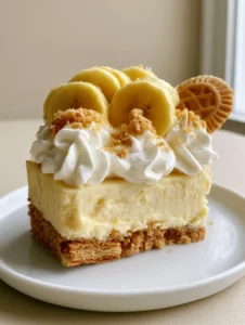 Side view of No-Bake Banana Pudding Cheesecake showing the distinct layers of cookie crust and creamy filling.