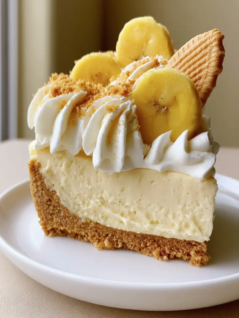 No-Bake Banana Pudding Cheesecake: The Ultimate Creamy Southern Dessert 1 A close-up of the whipped cream garnish and fresh banana rounds on top of the No-Bake Banana Pudding Cheesecake.