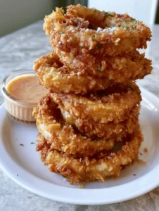 Close-up of golden-brown Crispy Homemade Onion Rings showing the textured panko surface and parsley garnish.