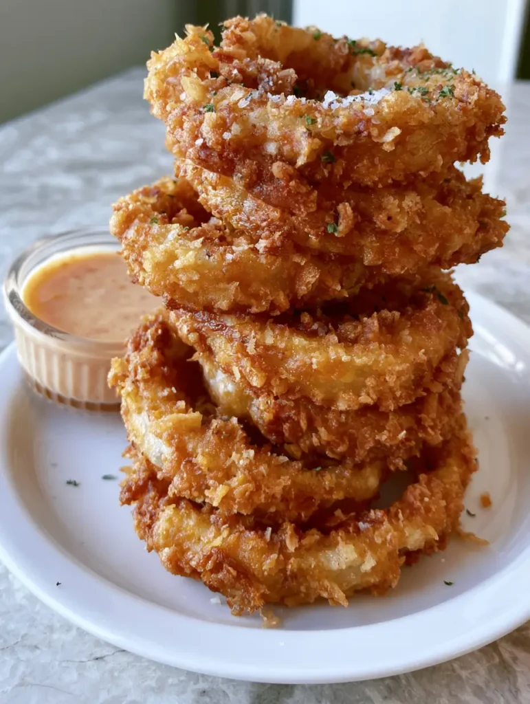 Close-up of golden-brown Crispy Homemade Onion Rings showing the textured panko surface and parsley garnish.