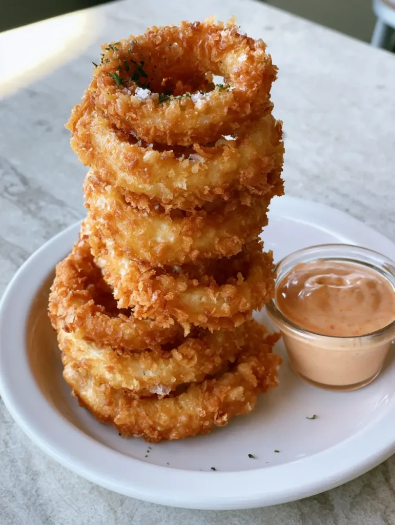 Crispy Homemade Onion Rings: The Ultimate Panko-Crusted Recipe 1 A stack of onion rings on a white plate with a ramekin of creamy orange dipping sauce.