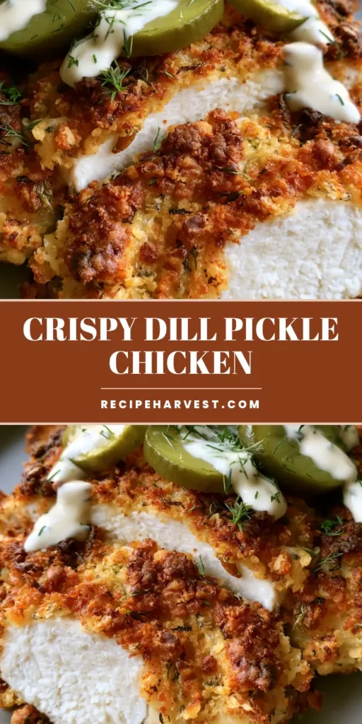 A vertical photo of crunchy Air Fryer Dill Pickle Chicken topped with ranch drizzle and fresh dill slices, perfect for Pinterest.