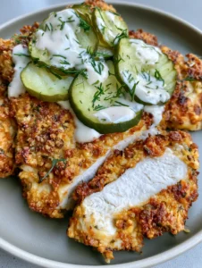 Handheld smartphone photo of Air Fryer Dill Pickle Chicken with a thick parmesan crust and juicy white interior.