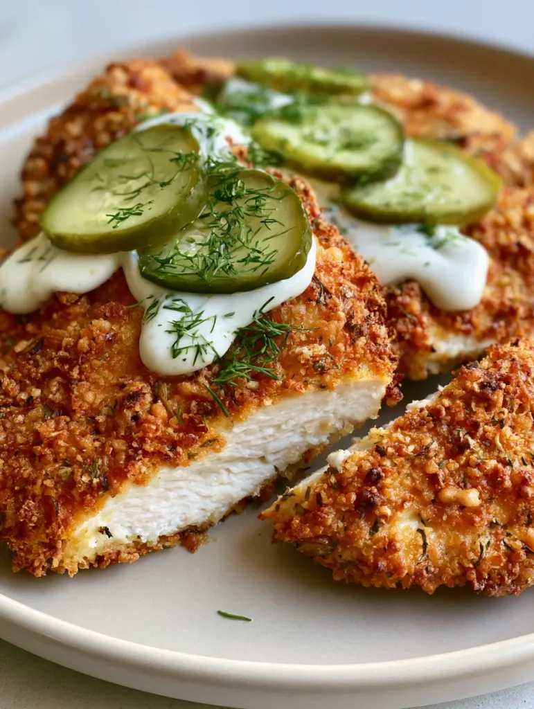 Close up of Air Fryer Dill Pickle Chicken topped with sliced green pickles and a creamy white ranch drizzle.