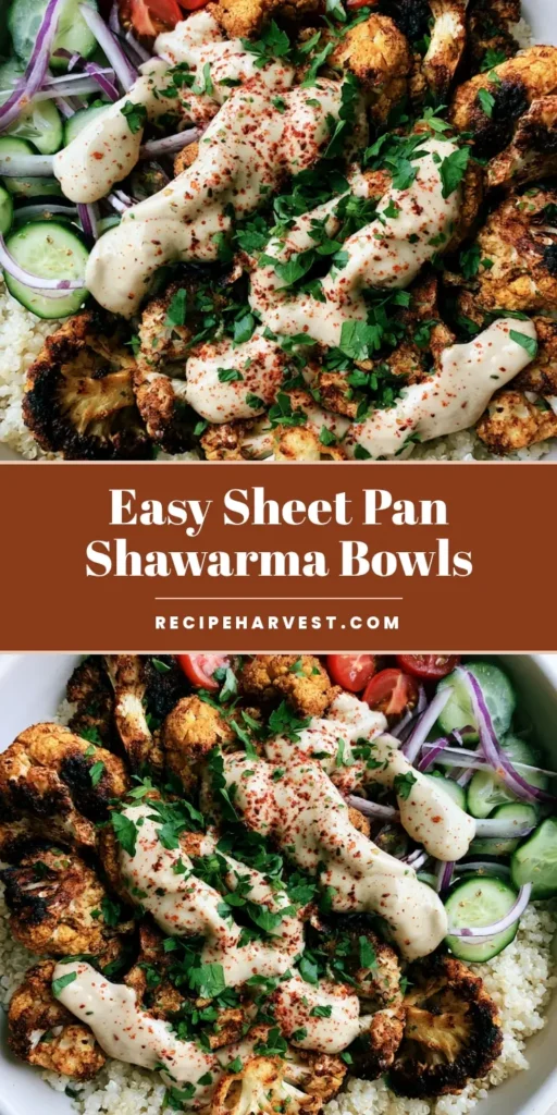 Cauliflower Shawarma Bowl with Fluffy Quinoa and Tahini 4 A top-down view of a Cauliflower Shawarma Bowl featuring charred cauliflower, fluffy quinoa, and cucumbers with a tahini drizzle.