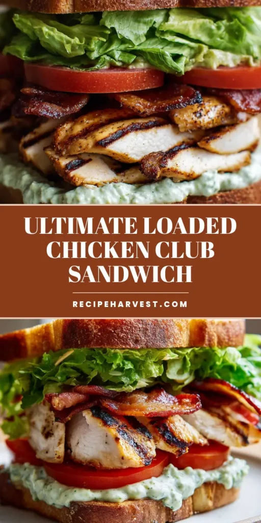 Chicken Club Sandwich with Creamy Avocado Ranch and Toasted Sourdough 4 A tall Chicken Club Sandwich on a white plate featuring toasted sourdough, char-marked chicken, and mahogany bacon.