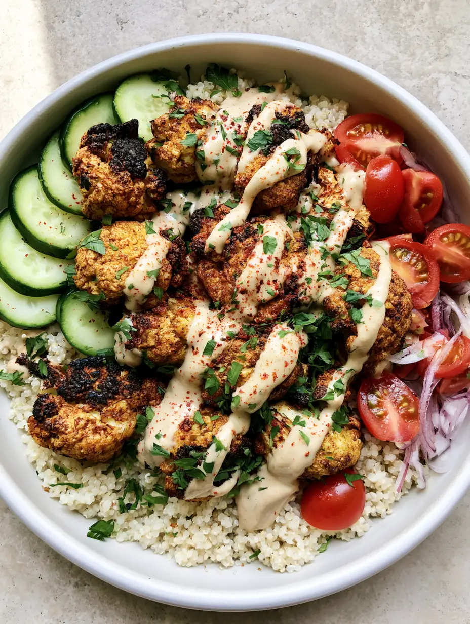 Cauliflower Shawarma Bowl with Fluffy Quinoa and Tahini 3 Close-up of charred roasted cauliflower and chickpeas in a Mediterranean bowl.
