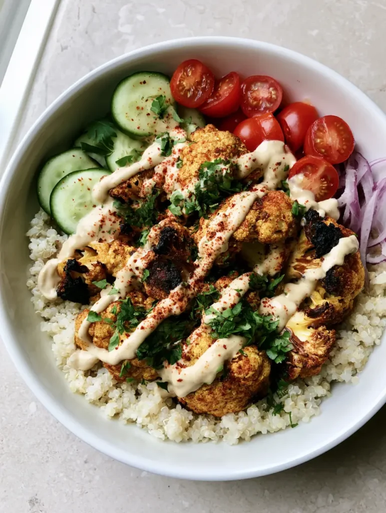 Cauliflower Shawarma Bowl with Fluffy Quinoa and Tahini 1 A complete Cauliflower Shawarma Bowl with tahini drizzle zig-zagged across the top.
