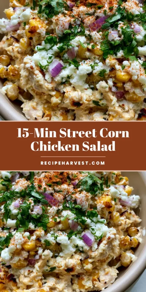 Mexican Street Corn Chicken Salad with Charred Sweet Corn 4 A close-up vertical shot of Mexican Street Corn Chicken Salad in a beige bowl, featuring charred corn, shredded chicken, and cotija cheese garnish.