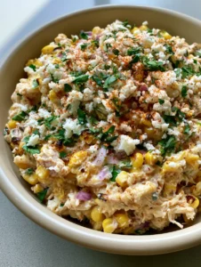 Handheld smartphone photo of a round beige ceramic bowl filled with Mexican street corn chicken salad with charred kernels and cilantro.