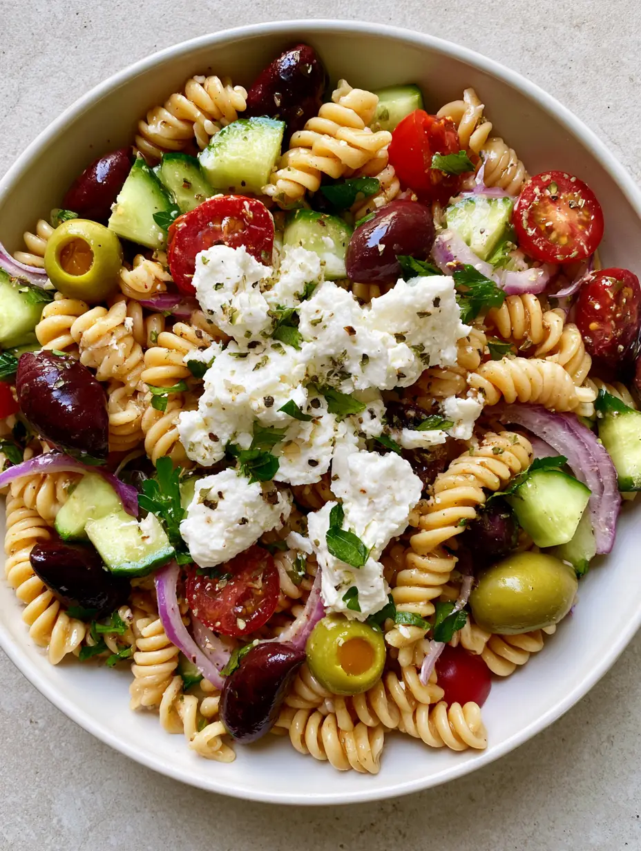 Close-up top-down view of Greek Olive Pasta Salad in a white ceramic bowl featuring rotini, red tomatoes, and green cucumbers. (Greek Olive Pasta Salad)