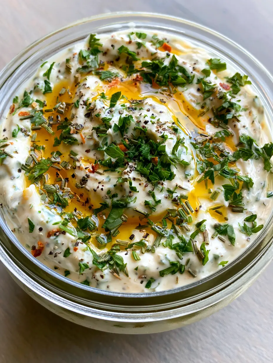 Cowboy Butter Ranch: The Ultimate Bold and Creamy Dipping Sauce 3 Close-up of thick, pale-ivory Cowboy Butter Ranch topped with red pepper flakes and black pepper.