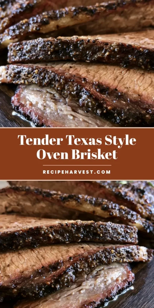 Oven Baked Beef Brisket: The Ultimate Low and Slow Recipe 3 Slices of Oven Baked Beef Brisket with a dark peppery bark and fresh parsley on a wooden board.