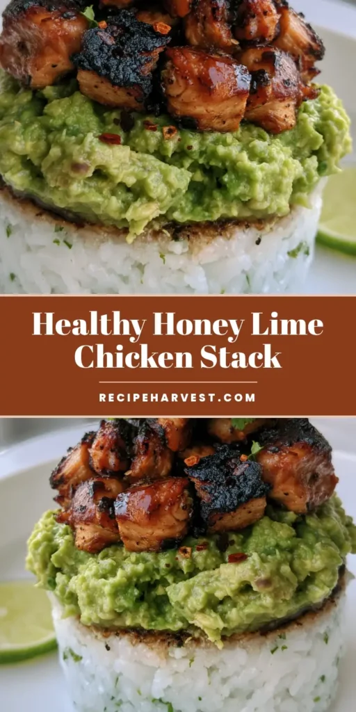 Honey Lime Chicken Stack: The Ultimate Fresh & Flavorful Meal 4 A gourmet Honey Lime Chicken Stack on a white plate with layers of rice, chunky avocado, and glazed chicken.