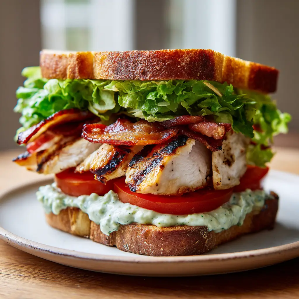 Chicken Club Sandwich with Creamy Avocado Ranch and Toasted Sourdough 2 Close up of a Chicken Club Sandwich with distinct char marks on grilled chicken and ruffled green lettuce.