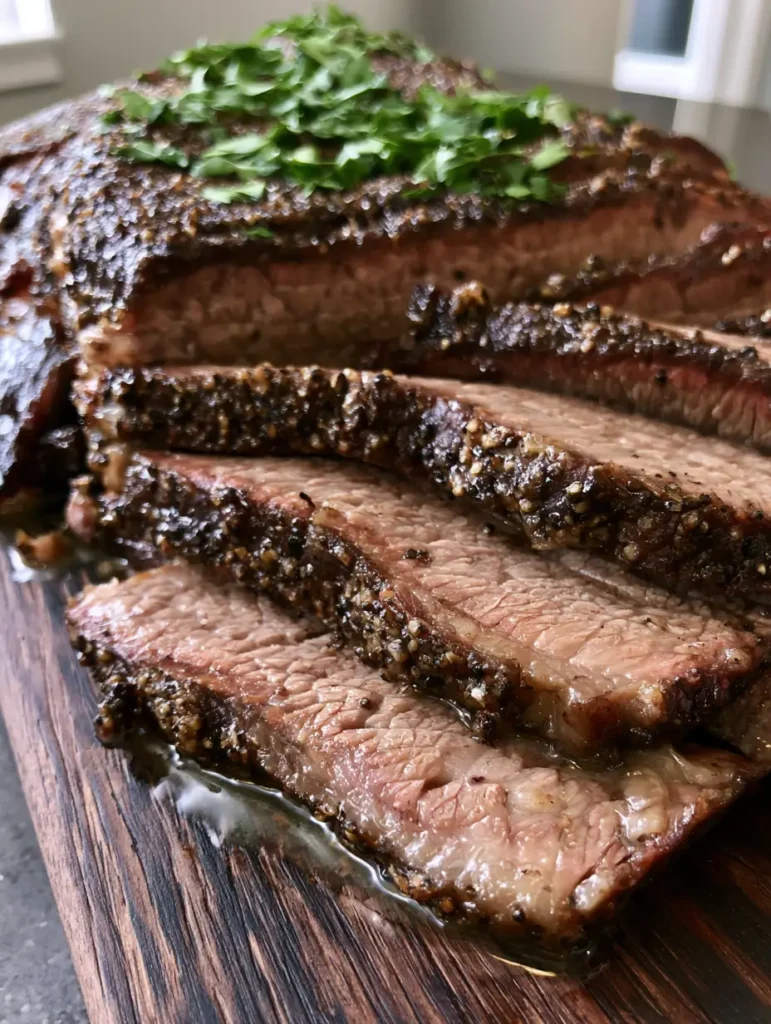 Oven Baked Beef Brisket: The Ultimate Low and Slow Recipe 2 A close up shot of succulent Oven Baked Beef Brisket slices showing rendered fat and natural juices.