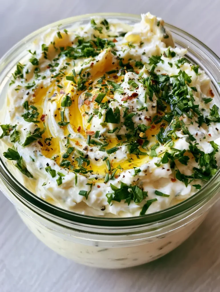 Cowboy Butter Ranch: The Ultimate Bold and Creamy Dipping Sauce 1 Overhead view of a glass mason jar filled with Cowboy Butter Ranch, showing the golden yellow butter swirls.