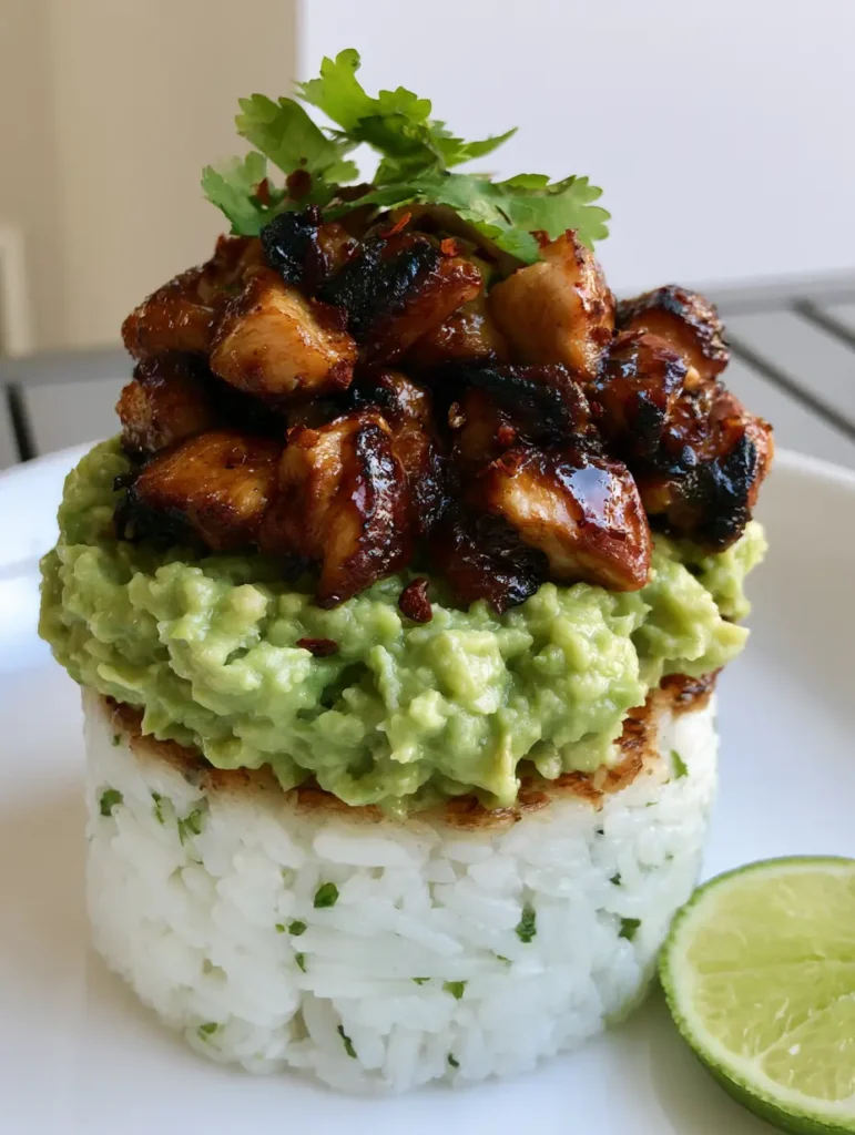 Honey Lime Chicken Stack: The Ultimate Fresh & Flavorful Meal 2 Close up of a Honey Lime Chicken Stack showing the shiny glaze and charred chicken edges.