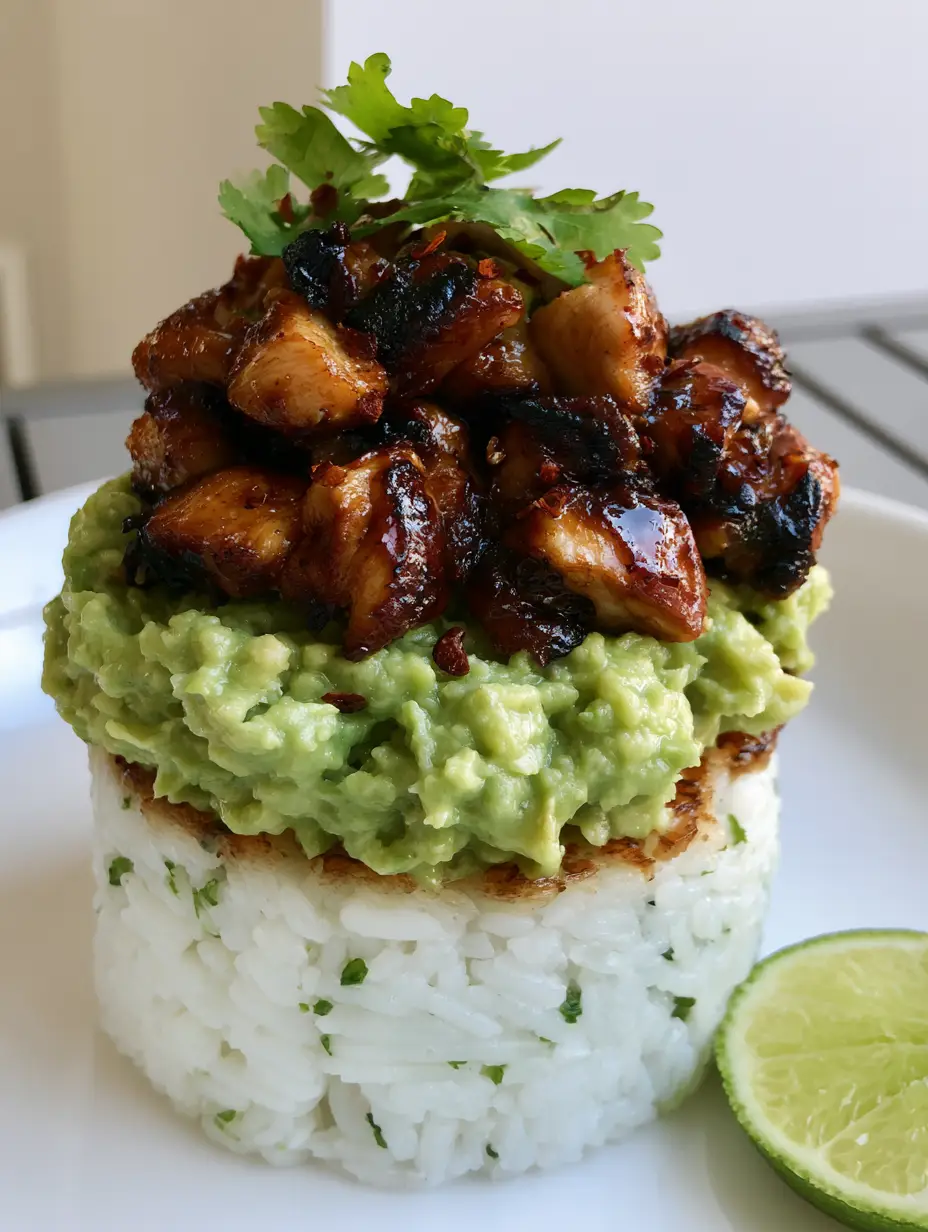 Honey Lime Chicken Stack: The Ultimate Fresh & Flavorful Meal 3 Close up of a Honey Lime Chicken Stack showing the shiny glaze and charred chicken edges.