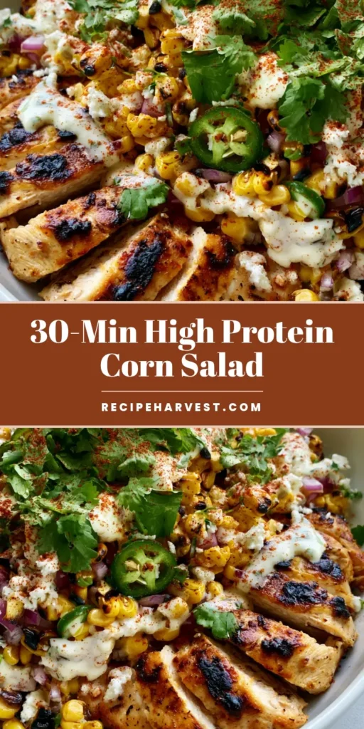 High-Protein Chicken Street Corn Salad (Easy & Healthy) 3 A tall Pinterest pin showing a High-Protein Chicken Street Corn Salad in a white bowl with golden-brown chicken, charred corn, and cotija cheese.