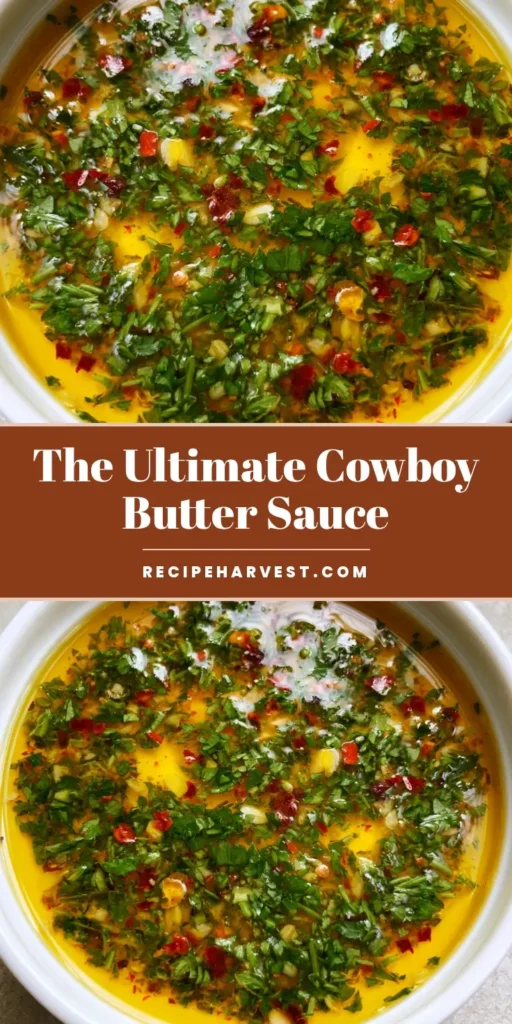 Cowboy Butter Recipe: The Ultimate Zesty Dipping Sauce for Steaks 4 A top-down view of a small white ramekin filled with melted Cowboy Butter Recipe, topped with fresh parsley and red pepper flakes.