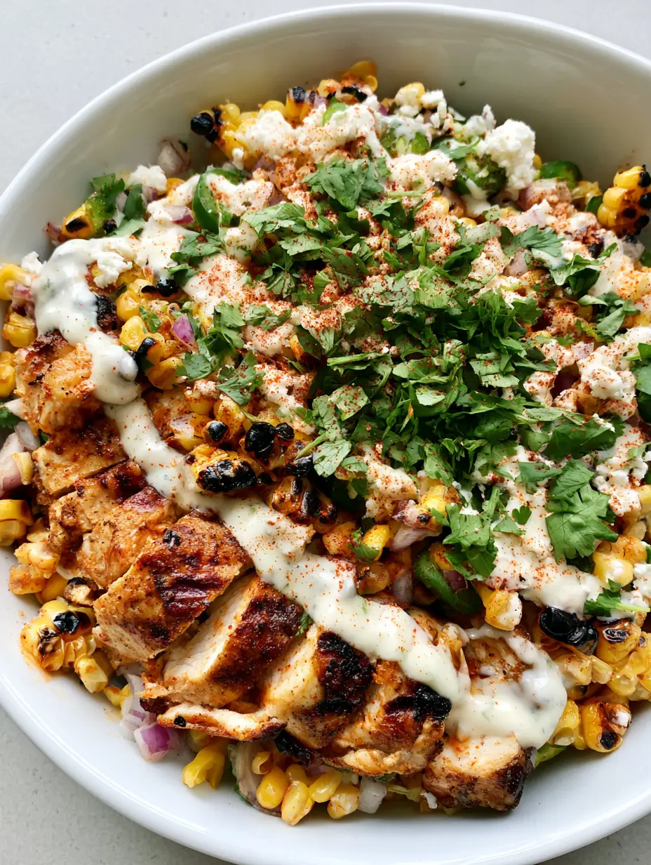 High-Protein Chicken Street Corn Salad (Easy & Healthy) 4 Close-up handheld photo of High-Protein Chicken Street Corn Salad with visible grill marks on chicken and blistered corn kernels.