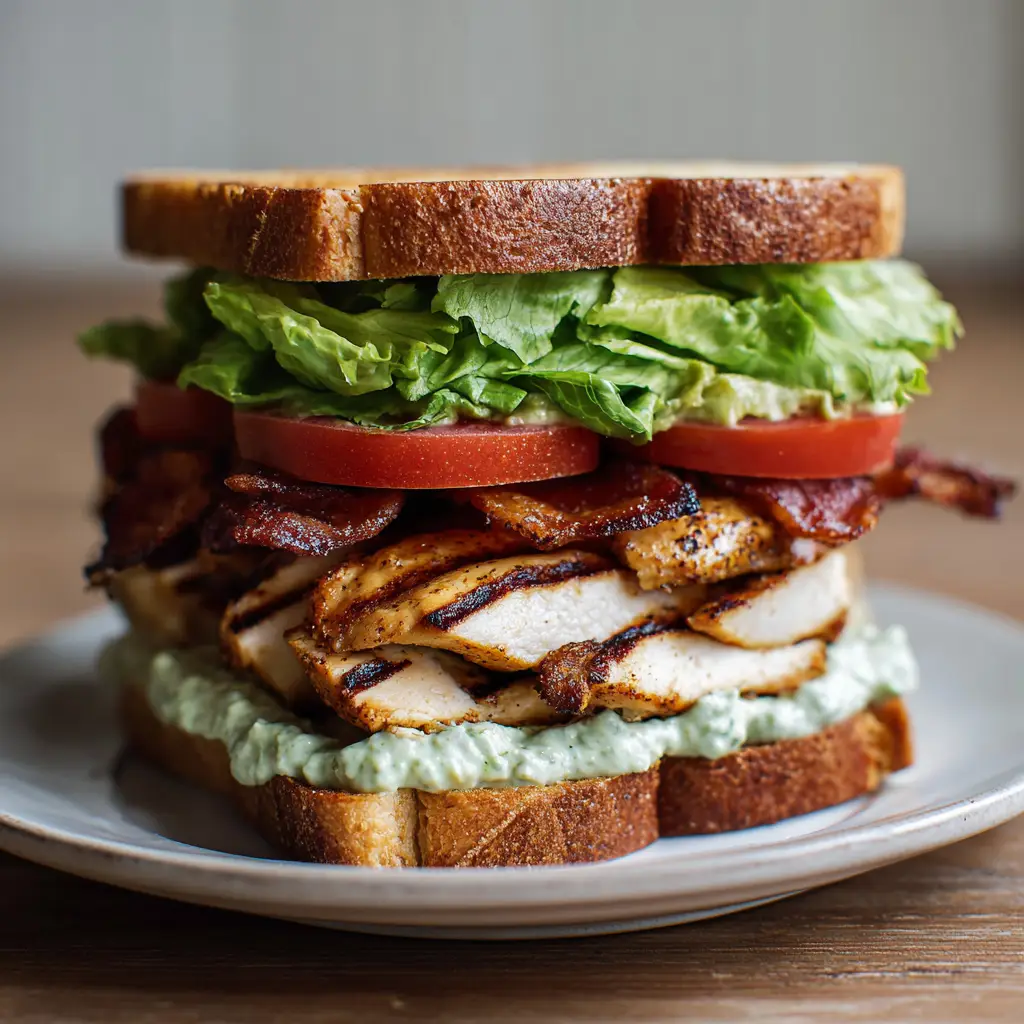 Chicken Club Sandwich with Creamy Avocado Ranch and Toasted Sourdough 1 Handheld photo of a tall sourdough Chicken Club Sandwich with mahogany bacon and avocado ranch spread.