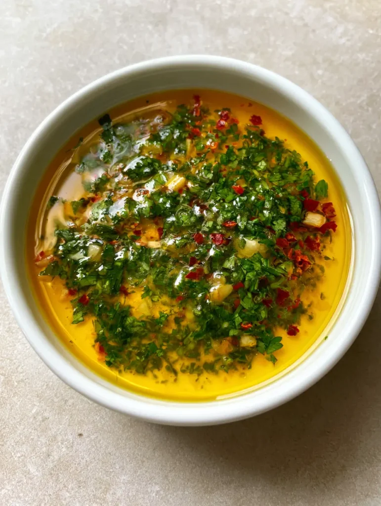 Cowboy Butter Recipe: The Ultimate Zesty Dipping Sauce for Steaks 2 Handheld photo of a white ramekin containing vibrant golden-yellow melted Cowboy Butter Recipe with herb sediments.