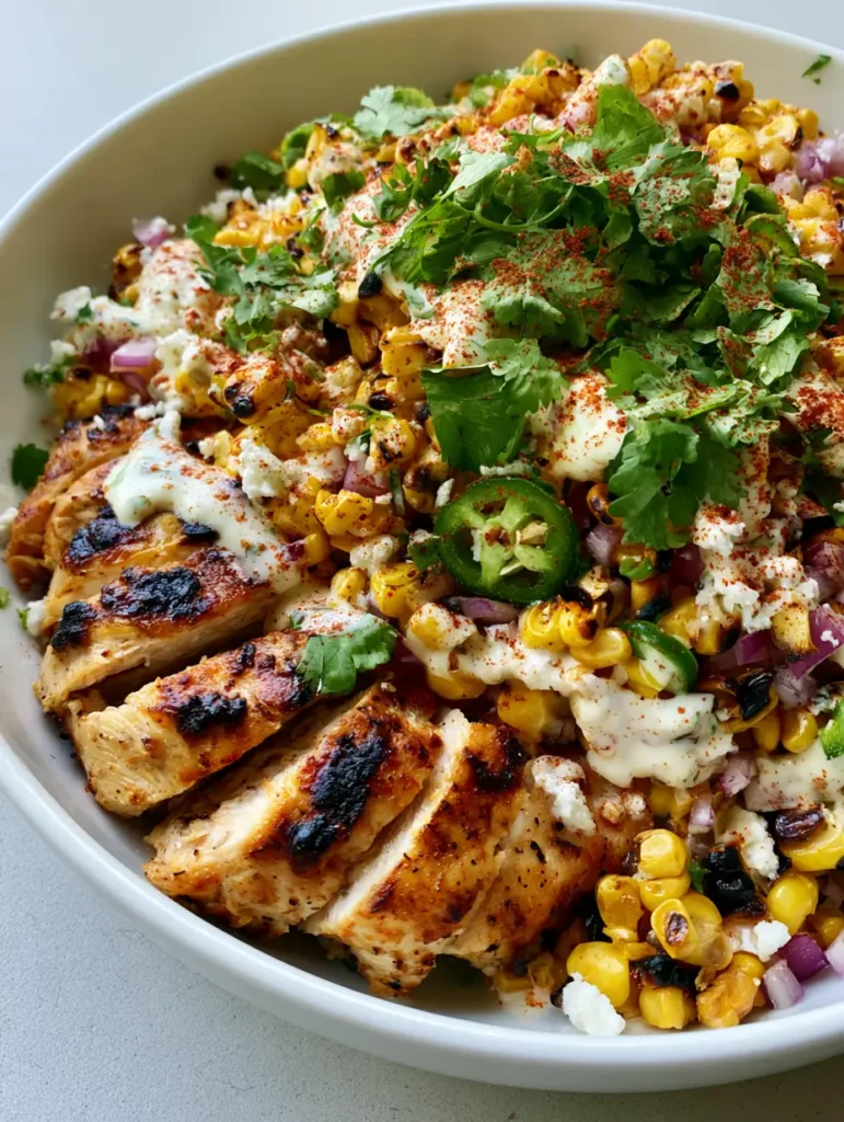 High-Protein Chicken Street Corn Salad (Easy & Healthy) 1 Vibrant High-Protein Chicken Street Corn Salad garnished with cilantro and chili powder in a white ceramic bowl.