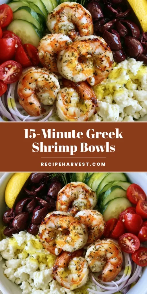 Top-down view of a Greek Shrimp Mediterranean Bowl with seared herb shrimp, white rice, feta, and fresh vegetables.