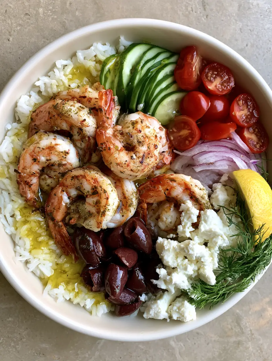 Close up of seared shrimp with herb seasoning in a Greek Shrimp Mediterranean Bowl.