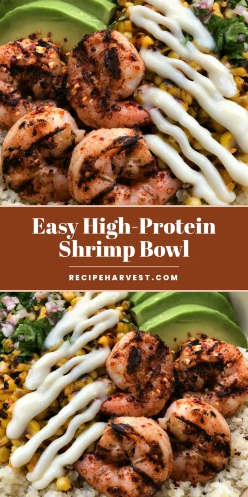 A vertical photo of a Grilled Shrimp Bowl featuring fluffy quinoa, five charred shrimp with red chili flakes, and a thick garlic sauce drizzle.