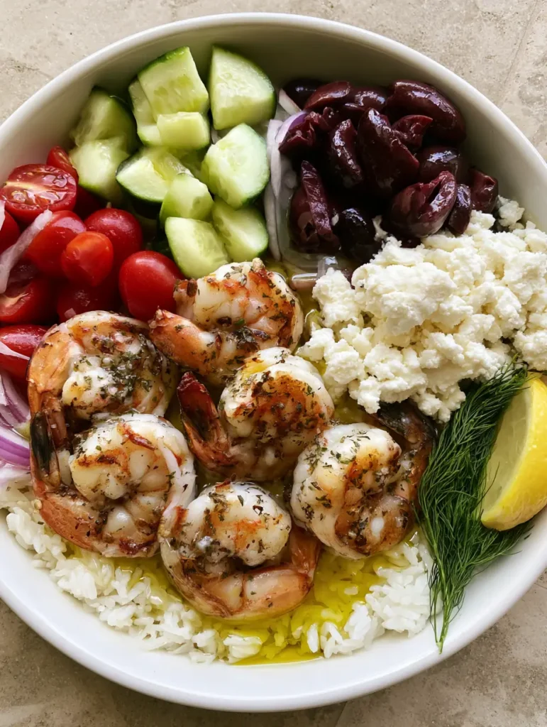 A vibrant Greek Shrimp Mediterranean Bowl showing sections of cucumber, tomatoes, and kalamata olives.