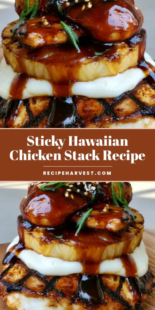 A tall stack of Hawaiian Huli Huli Chicken featuring char-grilled breast, melted mozzarella, and a grilled pineapple ring with dripping teriyaki glaze.