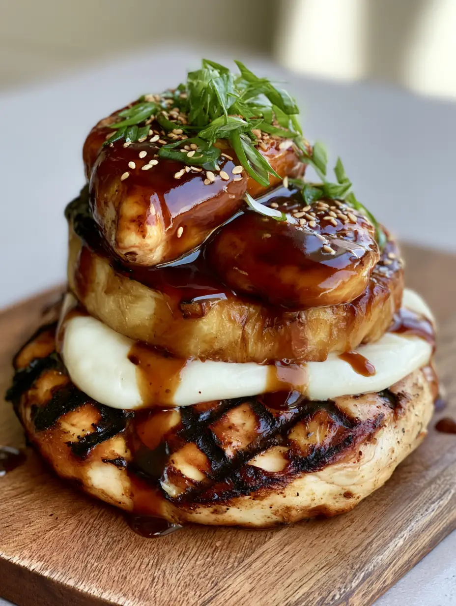 Close-up handheld smartphone photo of a juicy Hawaiian Huli Huli Chicken breast with thick amber glaze and sesame seeds.