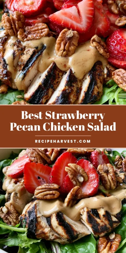 Strawberry Pecan Chicken Salad with Creamy Pecan Butter Vinaigrette 4 A shallow white bowl filled with Strawberry Pecan Chicken Salad featuring charred grilled chicken, fresh strawberries, and toasted pecans over spinach.