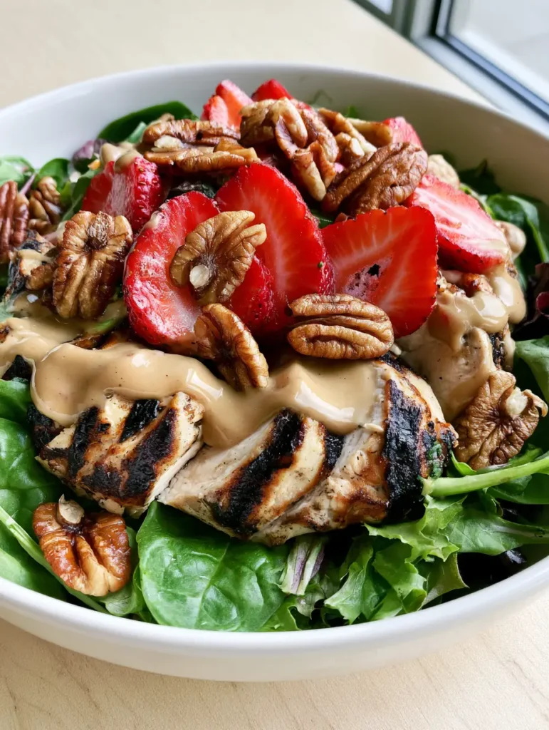 Strawberry Pecan Chicken Salad with Creamy Pecan Butter Vinaigrette 2 Top-down view of Strawberry Pecan Chicken Salad with distinct grill marks on the chicken and vibrant sliced strawberries.