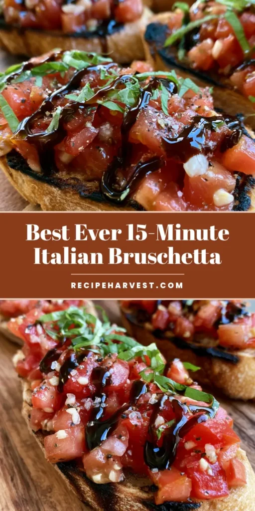 Italian Tomato Bruschetta: The Ultimate Crispy Balsamic Recipe 3 Close-up of Italian Tomato Bruschetta on a wooden board with balsamic glaze zigzag and basil ribbons.