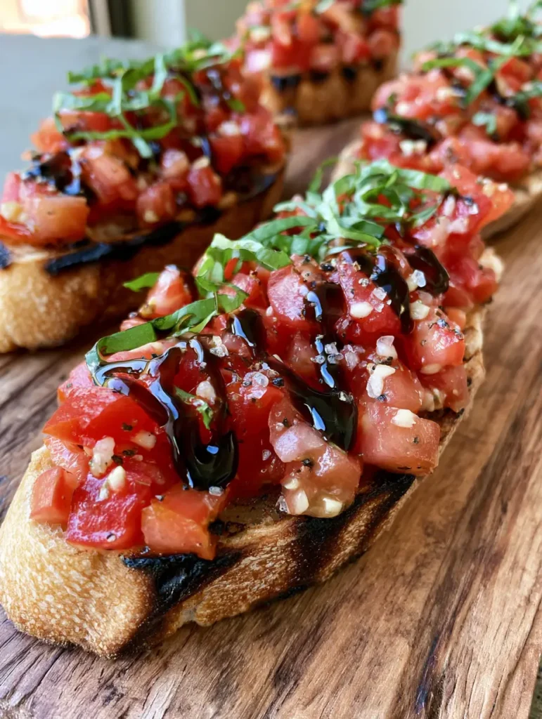 Italian Tomato Bruschetta: The Ultimate Crispy Balsamic Recipe 2 High-angle shot of toasted sourdough slices topped with diced tomatoes and garlic. (Italian Tomato Bruschetta)