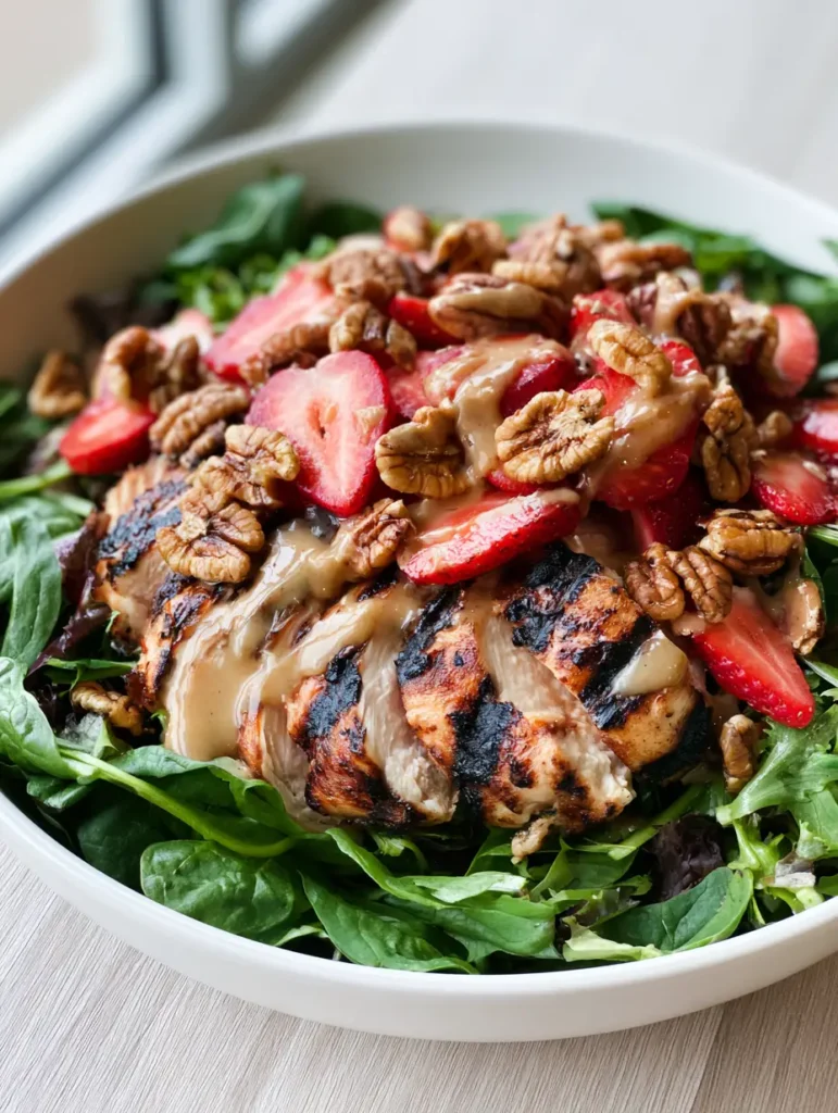 Strawberry Pecan Chicken Salad with Creamy Pecan Butter Vinaigrette 1 Close up of creamy pecan butter vinaigrette being drizzled over a Strawberry Pecan Chicken Salad.