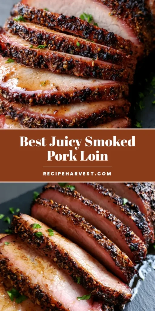 Smoked Pork Loin with a Peppery Herb Crust and Perfect Smoke Ring 3 A close-up vertical shot of sliced Smoked Pork Loin on a dark slate platter, showing a pink smoke ring and a dark herb crust with fresh parsley.