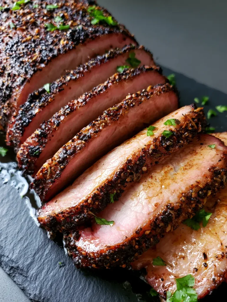 Smoked Pork Loin with a Peppery Herb Crust and Perfect Smoke Ring 2 A handheld photo of shingled slices of Smoked Pork Loin showcasing the moist interior and dark seasoned bark.