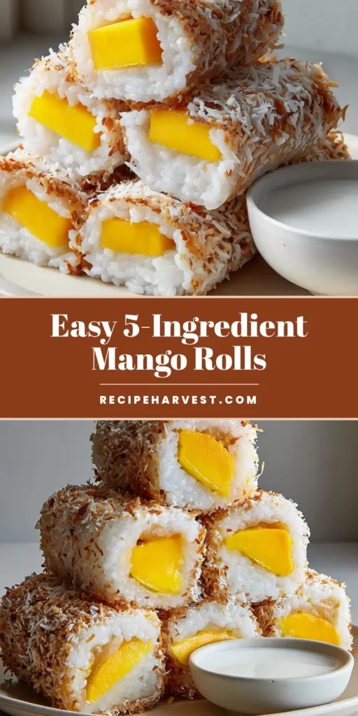 Mango Sticky Rice Rolls with Toasted Golden Coconut 4 A stack of Mango Sticky Rice Rolls coated in golden toasted coconut flakes on a white plate with a side of thick coconut sauce.