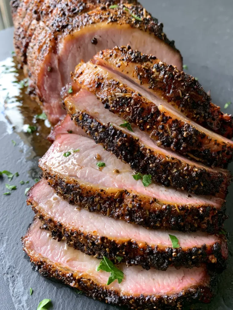 Smoked Pork Loin with a Peppery Herb Crust and Perfect Smoke Ring 1 Overhead view of Smoked Pork Loin slices with visible grains of pepper and herbs on a dark grey background.