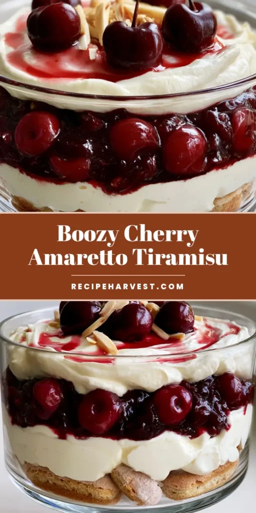 A tall glass trifle dish filled with Cherry Amaretto Tiramisu featuring layers of espresso-soaked ladyfingers, white mascarpone cream, and dark red cherry compote, garnished with fresh cherries with stems and slivered almonds.
