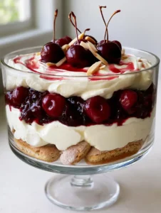 Close-up handheld photo of Cherry Amaretto Tiramisu in a clear glass dish, showing the glossy cherry compote and velvety mascarpone layers. (Cherry Amaretto Tiramisu)